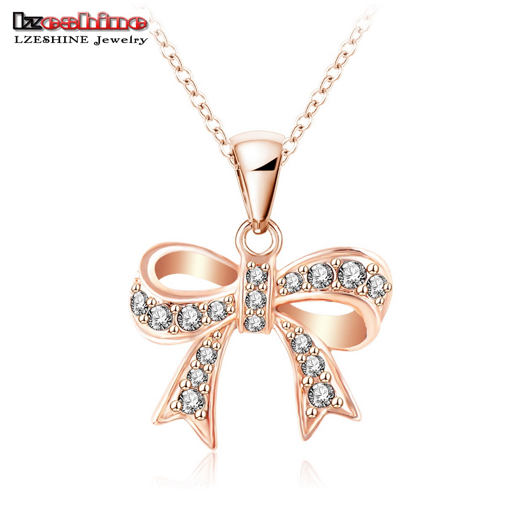Bow Necklace Genuine SWA Elements Jewelry Real 18K Rose Gold Plated Austrian Crystal Necklaces Pendants NL0288