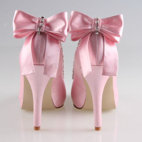 Handmade soft pink bow on heel rhinestone shoes peep open toe woman wedding party prom pumps platform heel small big size