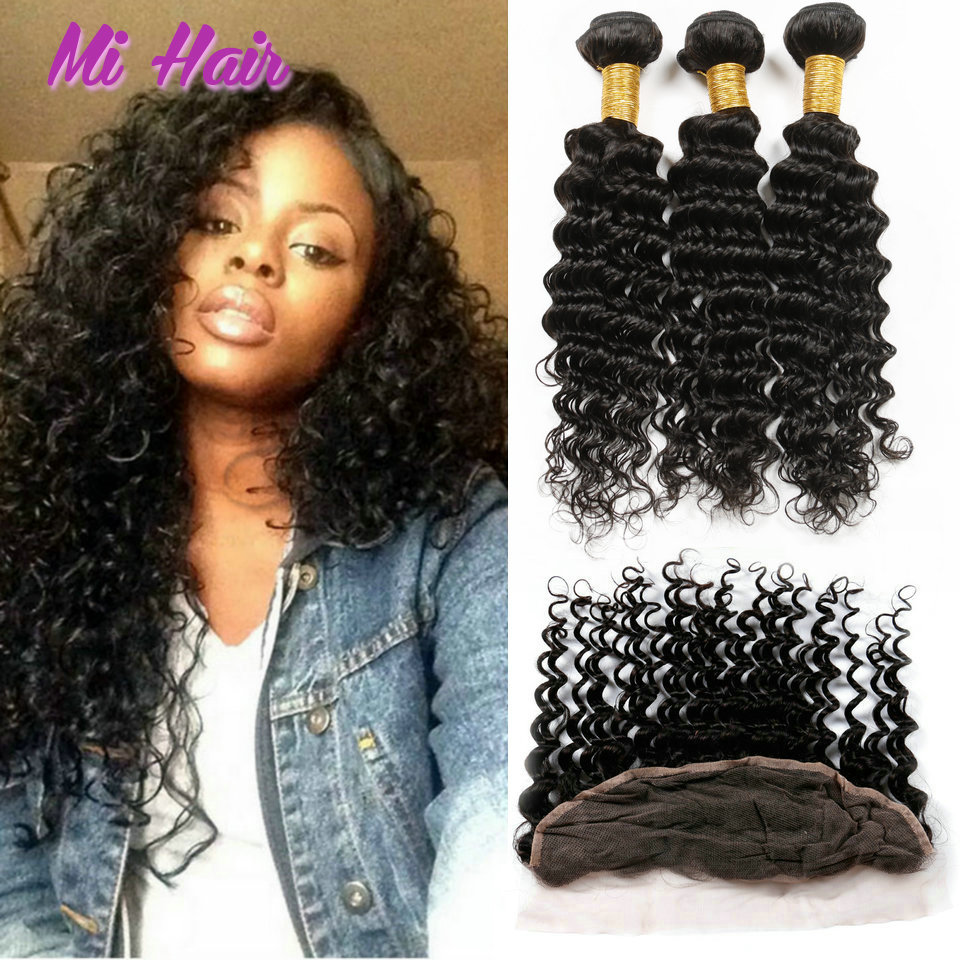 Image of 6A Malaysian Deep Wave Virgin Hair With Closure 3 Bundles With Lace Frontal Ms lula Hair 13x4 Lace Frontal Closure With Bundles