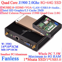 Fanless mini pcs with intel quad core j1900 2.0Ghz 7.5W Power HDMI VGA aluminum small housing  8G RAM 64G SSD windows or linux