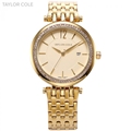TAYLOR COLE Calendar Display Crystal Clock Gold Stainless Stainless Steel Crystal Analog Quartz Wrist Women Dress