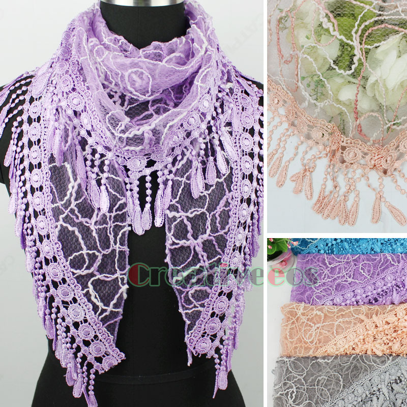 Trend Fashion Elegant Stylish Women s Lace Trim Tassel Shine Line Weave Triangle Mantilla Scarf Shawl