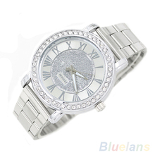 Hombres Casual Rhinestone heló cuarzo analógico plata Color aleación banda reloj de pulsera