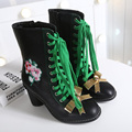 New Fashion print flower bowtie women high heels boots shoes woman round toe wedding party Thick