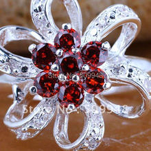6Pcs 6-Leaf Ribbon Flower Red Garnet Gems Silver Wedding Ring