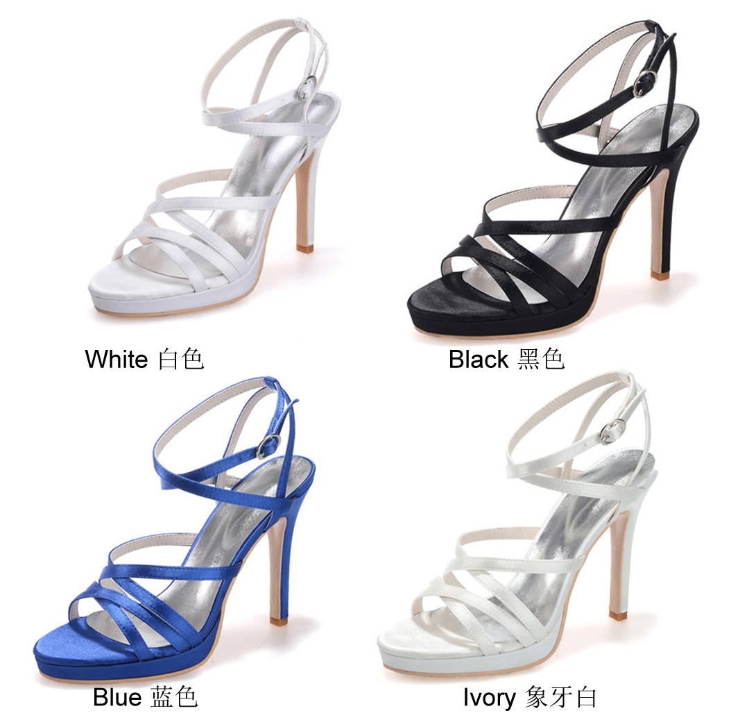 ladies elegant satin fabric narrow band sandals sexy stiletto shoes ankle strap high heel black white ivory blue platform 4''