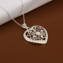 925 sterling silver jewelry fashion factory price silver hollow out flowers heart inlay crystal pendant silver necklace CN367