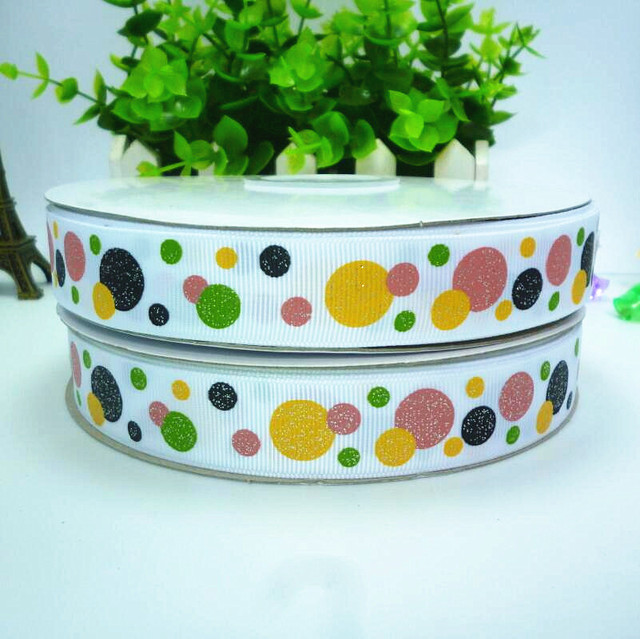 10yards 22mm 7/8'' colored glitter dots printed White grosgrain ribbon halloween holiday ribbon