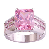 lingmei Wholesale Beauty Lady\'s Cocktai Emerald Cut Pink Sapphire 925 Silver Ring Size 8 Romantic Love Style Women Nice Jewelry
