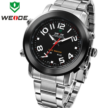 Weide nueva marca de lujo para hombre deportes relojes analógico Digital LED Dual Time Display multifunción militar acero completo reloj de cuarzo