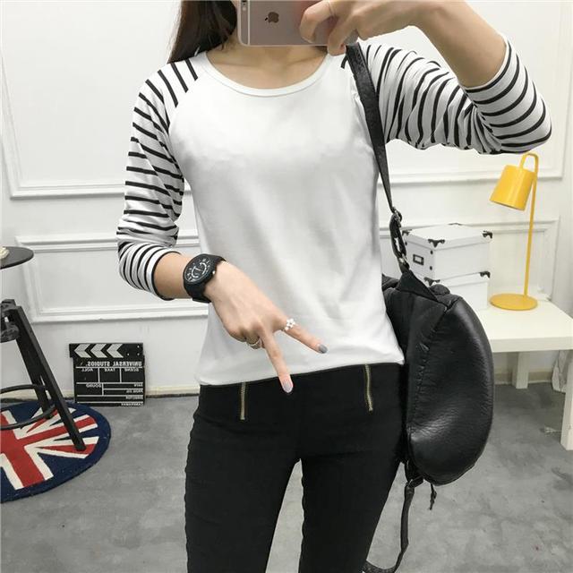 T Рубашки Женщины Camisas Femininas 2016 Осень Лоскутное Полоса Топы С Длинным Рукавом Harajuku Футболка Женщин Плюс Размер Футболка Femme