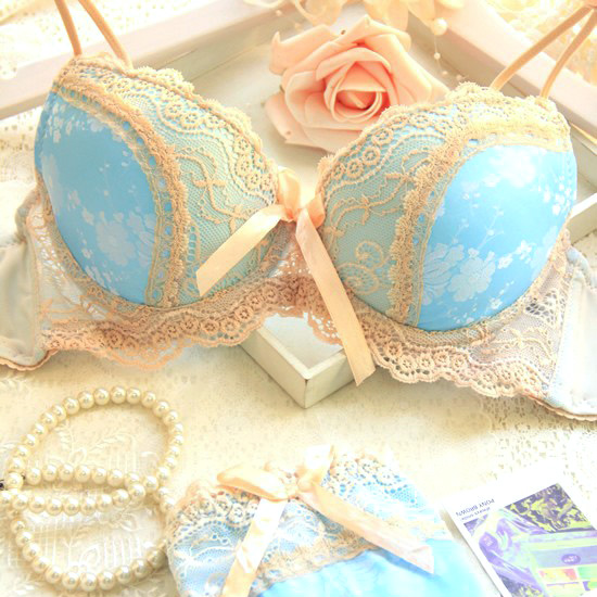 Image of Free shipping 2016 new luxury blue satin three breasted women underwear set AB cup of adjustment plus side sexy push up bra sets