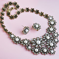 Vintage Women Jewelry Sets Antique Gold Plated Flower Pearls Necklace Earrings Set Crystal French Hooks Brincos