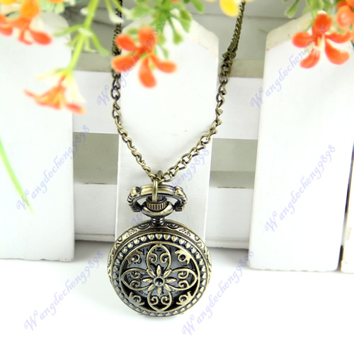 Free Shipping Vintage Bronze Flower Petal Hollow Quartz Pendant Pocket Watch Chain Necklace