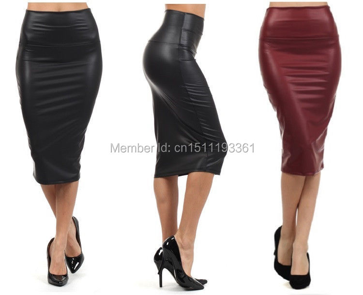 Image of free shipping plus size high-waist faux leather pencil skirt black leather skirt S/M/L/XL