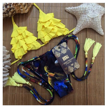 Hot Bright Yellow Sexy Swimwear Women Tassel Bikin...