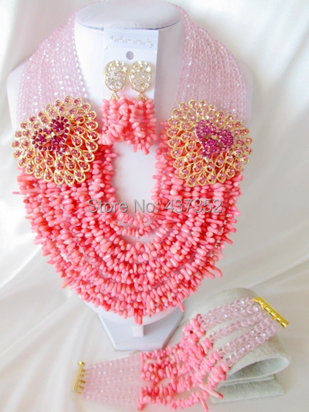 Lovely Baby Pink Crystal and Pink Coral Party Nigerian Wedding African Coral  Beads Jewelry Set Free Shipping CPS3776