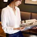 2016 fall womens chiffon blouse ladies White elegant sexy v neck blouses long sleeve chiffon shirt