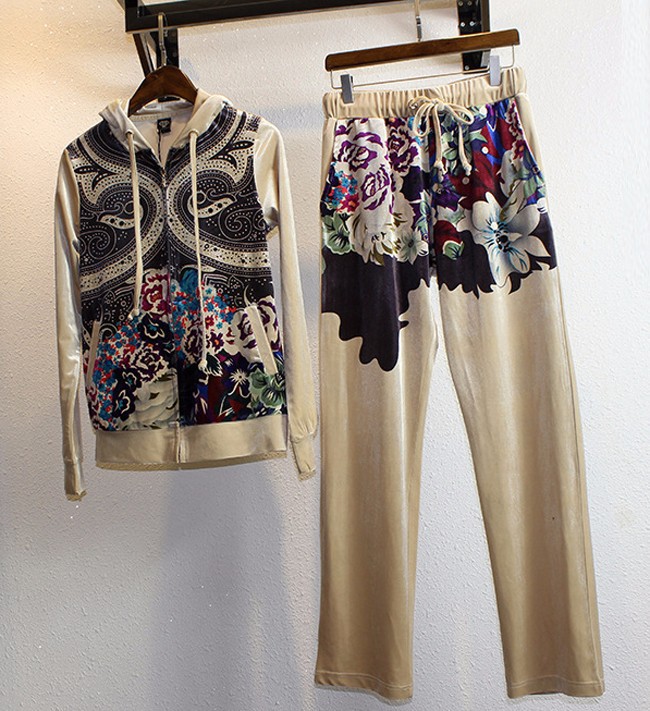 Abstract Printing Velvet Material Women Sports Suit Pants Tracksuits (11)