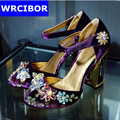 Women Ornate crystal Corduroy Hook Loop shoes rhinestone high heel ladies party Stiletto ankle Strap shoes