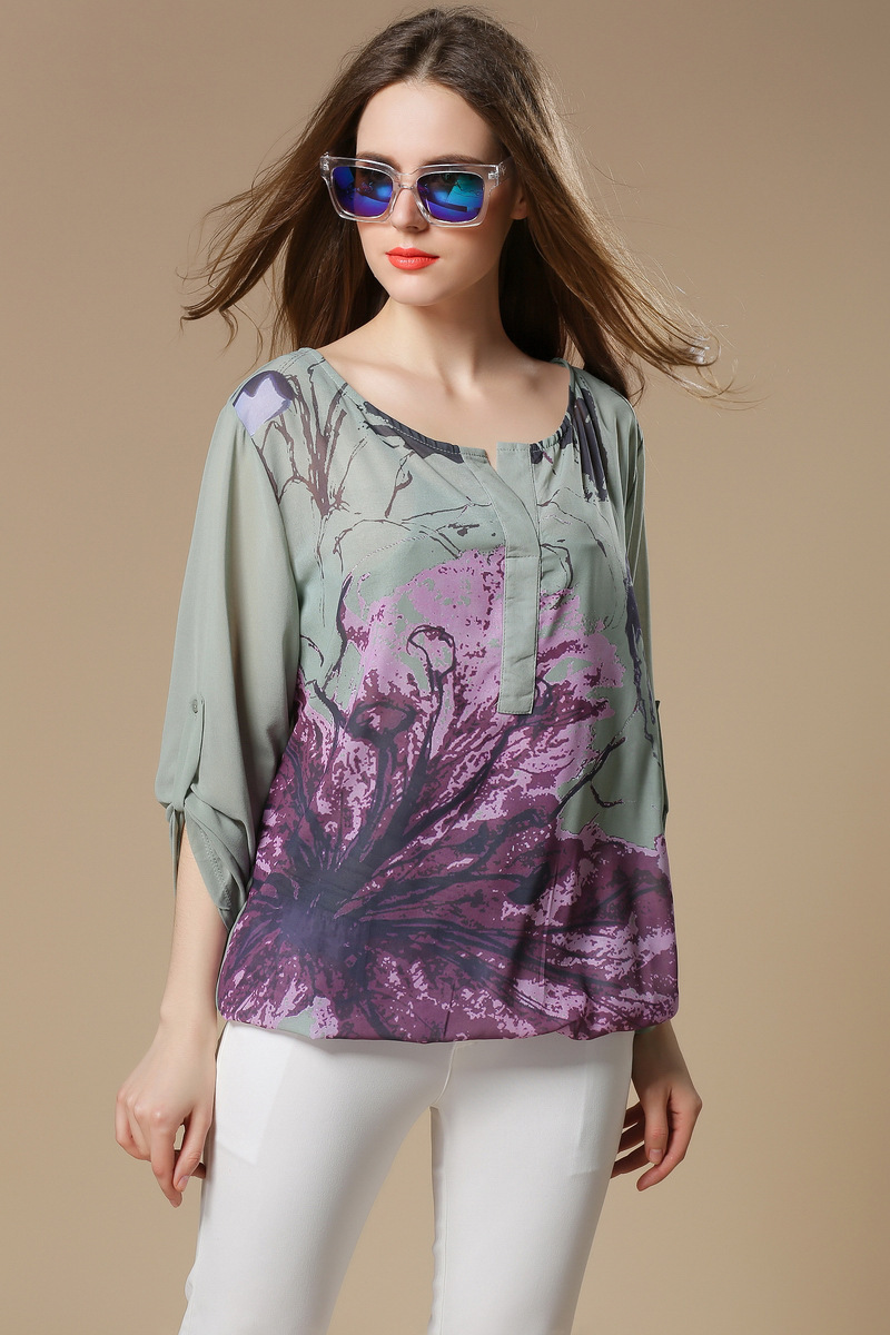 2015 المرأة كود الأوروبية الشيفون قميص لربيع وصيف العلامة التجارية عارضة بلوزة الخامس عنق الياقة الأزياء كم الربع الثالث  HTB166r8GFXXXXa1aXXXq6xXFXXXJ