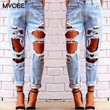 2016 Hot Sale New Fashion Women Casual Blue Midi Waist Torn Jeans Hole Knee Skinny Pencil Pants Denim Ripped Jeans For Womens
