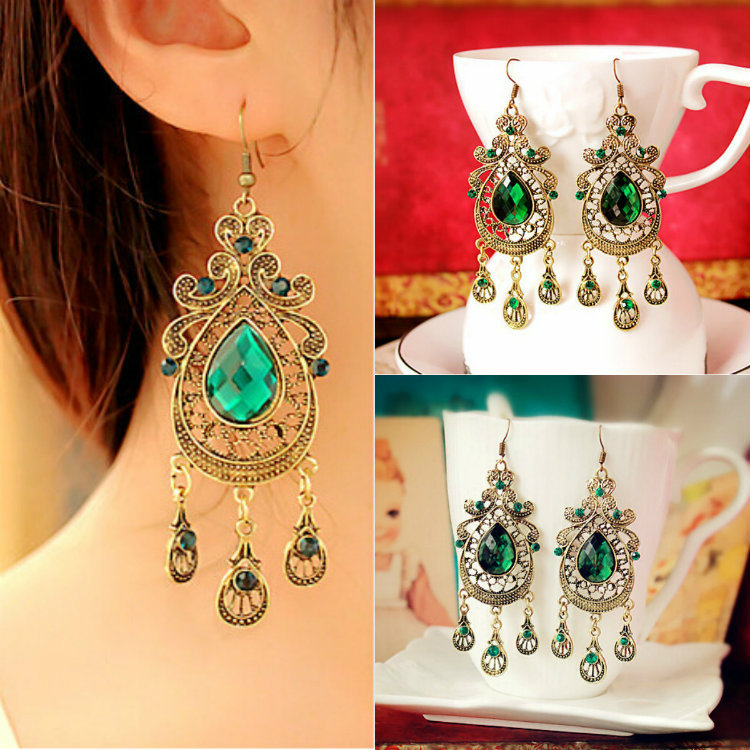 Image of European and American retro style palace green water drop earrings exaggerated female long section of large earrings for women