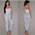 Occident fashion vintage cowboy denim ladies overalls Bleached Spliced Zippers Grinding empire bodycon sky blue women