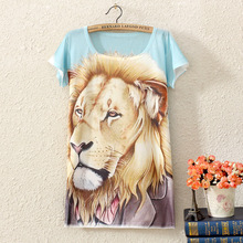 Cool lion printing pattern women Casual T-shirt new fashion 2016 summer loose short sleeve t shirt women cute cartoon tops tees