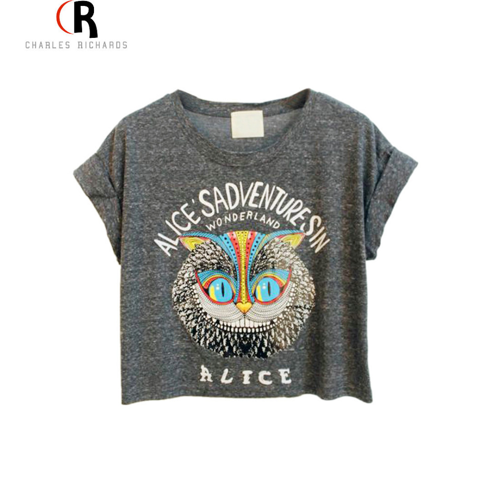 Image of Latest New Women Loose Gray Owl Pattern Crop Top with ALICE'S ADVENTURES IN WONDERLAND Letters Print One Size Free Shipping