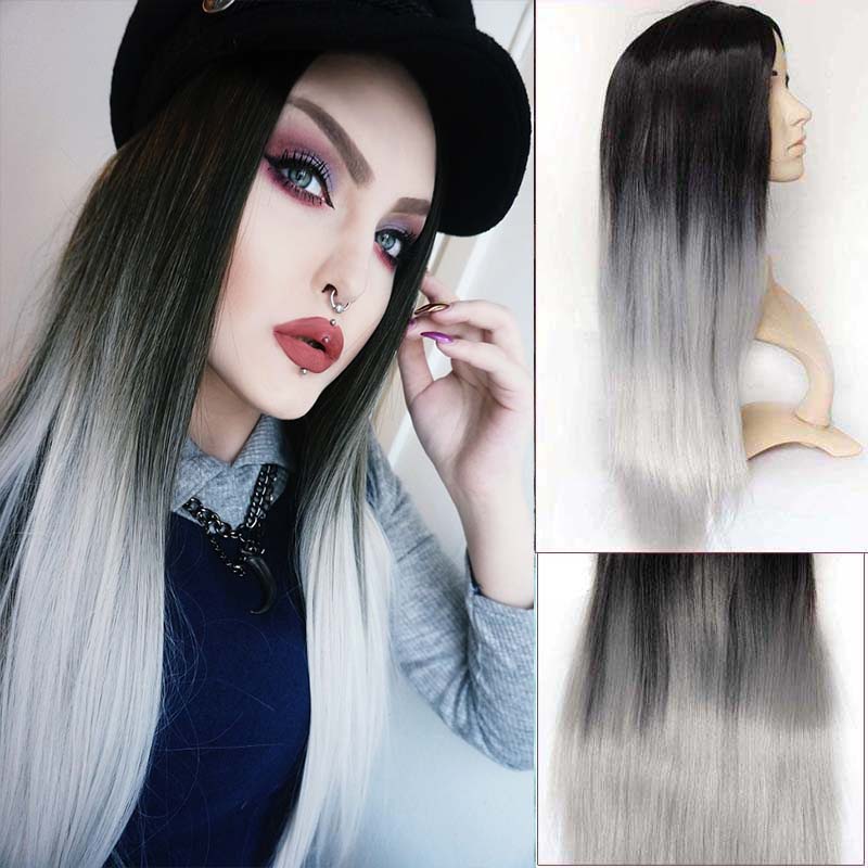 Image of 2016 Ombre Synthetic Wig Natural Dark Black Grey Ombre Synthetic Wigs Cosplay Women's Wigs Dendy Chewing Gum Perruque White Wig