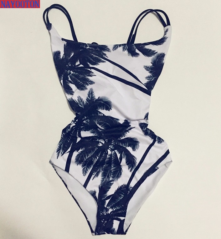 Image of 2016 new Sexy halter straps women swimwear Coco palm trees one piece swimsuit Black and white printing women bathing suits D069