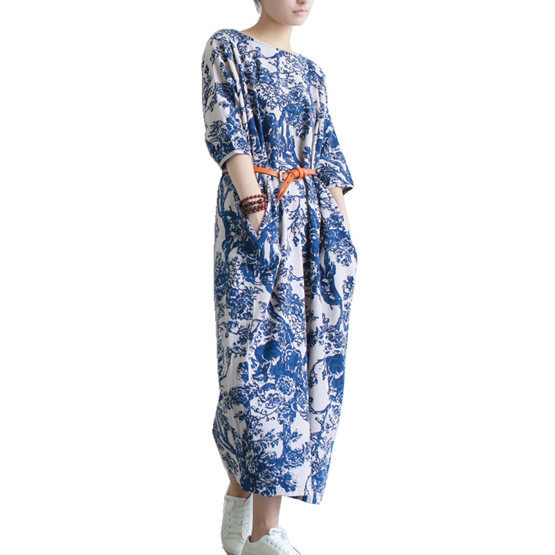 Image of Casual Dress 2015 Spring Summer Style Women Blue White Porcelain Robe Vintage Print Long Loose Cotton Linen Women Maxi Dress