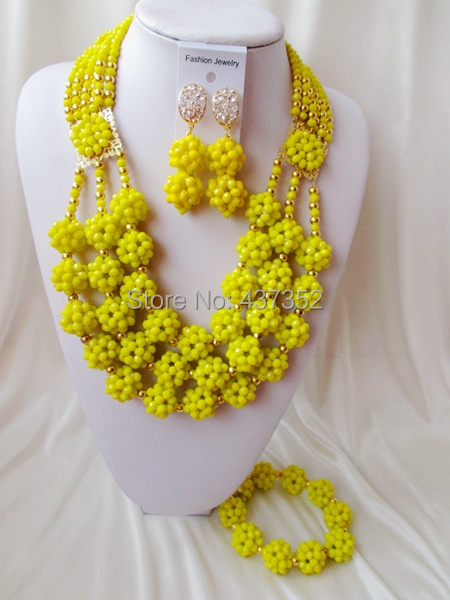 2015 New! Opaque yellow Ball costume nigerian wedding african beads jewelry sets crystal necklaces bracelet earrings NC2169