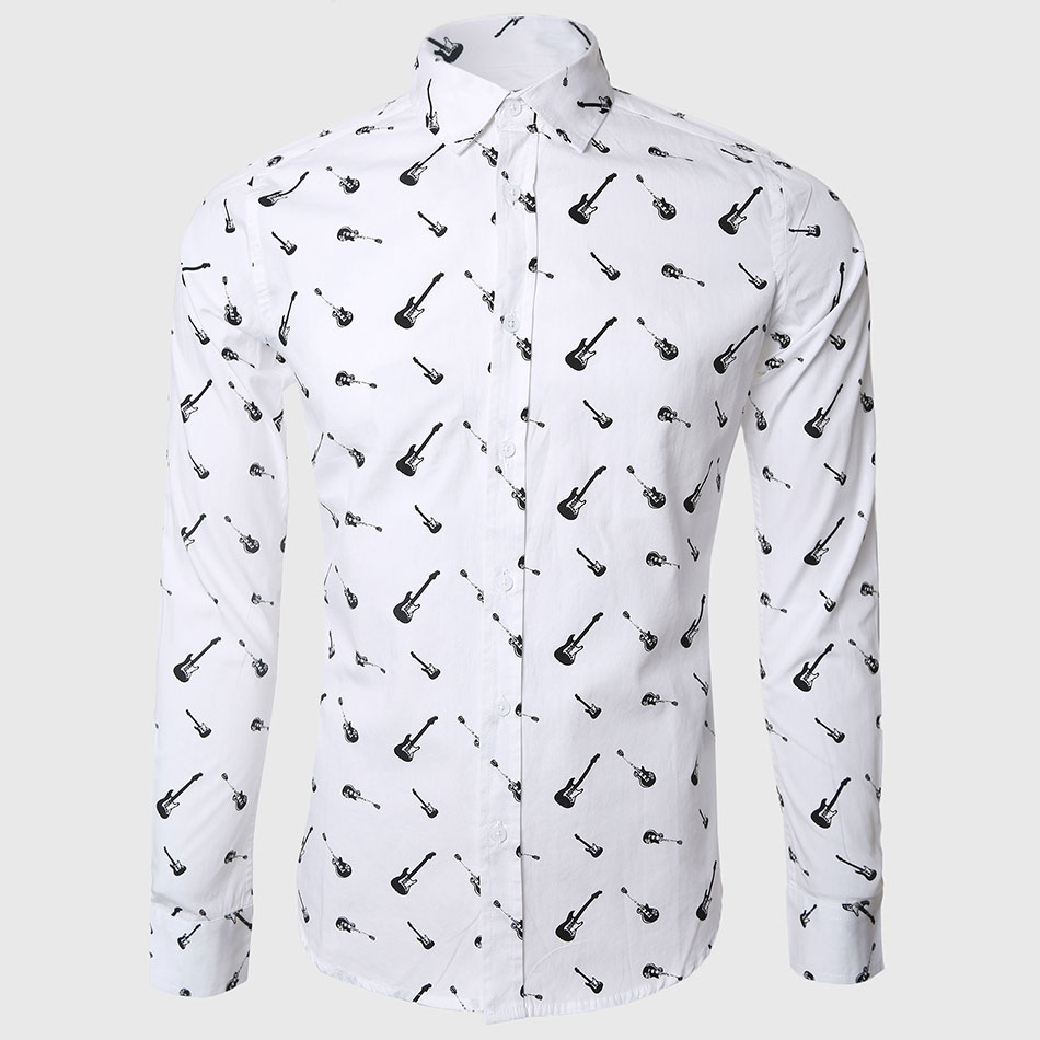 Guitar Pattern Shirt | men rock print shirts white casual shirt long sleeve music Guitar Pattern Shirt | men rock print shirts white casual shirt long sleeve music