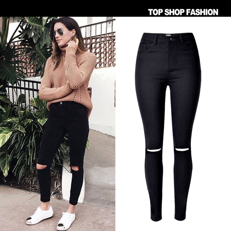 Euro popular street Hot Women beggar Knee hole Slim high waist stretch jeans unique design Star