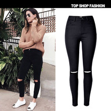 Euro popular street Hot Women beggar Knee hole Slim high waist stretch jeans unique design Star Same ripped denim pants