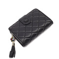 Classic Diamond Lattce Genuine Leather Wallet Women Fashion Tassel Ornament Press Button Purse High Quality Sheepskin