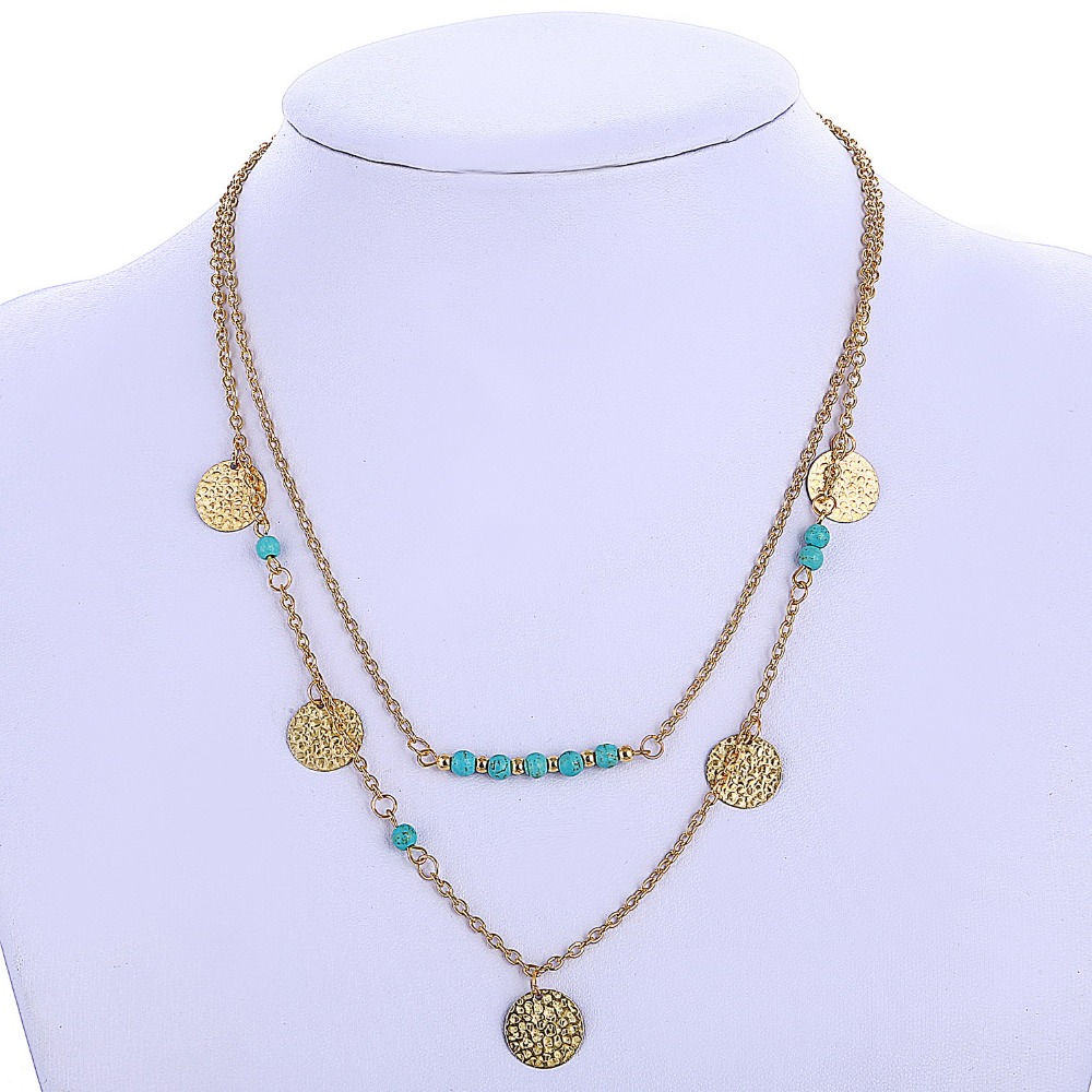 Hot Sale Vintage Jewelry Long Necklace Multi Layer Chains Necklaces Gold Plated Turquoise Beads ...