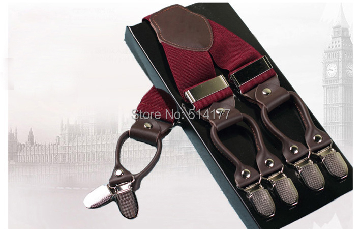 Genuine leather alloy 6 clips male vintage casual suspenders commercial western style trousers man s braces