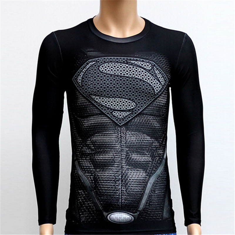 2016 Fitness Men Quick Dry T-shirt 3D Print man Superman Captain America Comics Mens Style Long Slee