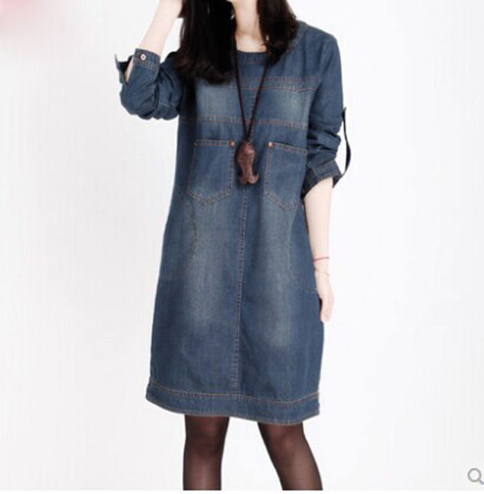 Image of Spring and autumn European and American big size women mill white long-sleeved denim dress vintage denim dress