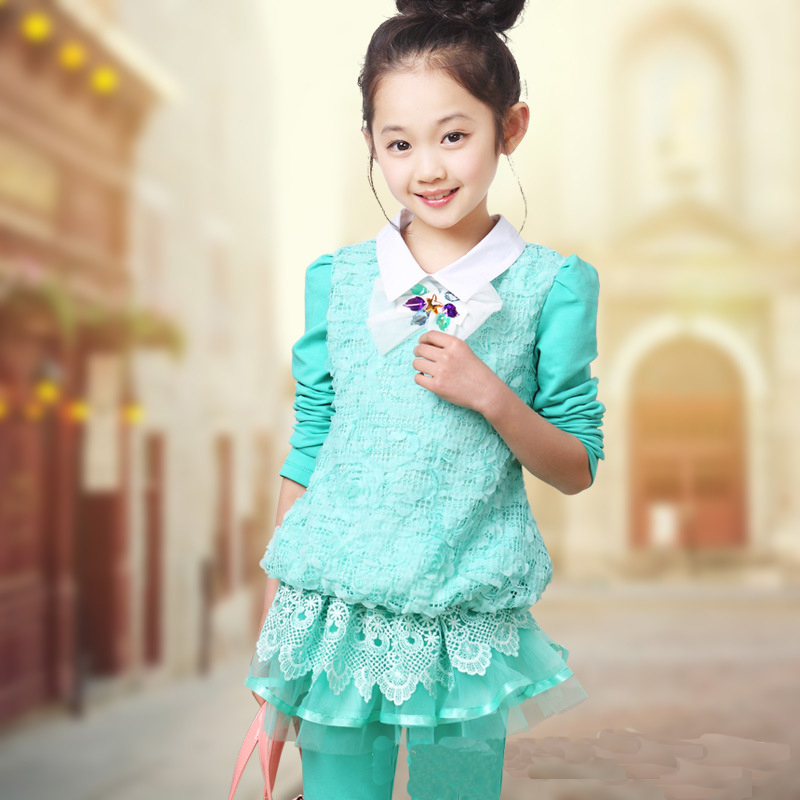 2015 Fashion Girls Hot Spring Autumn Lace Clothing Suit Kids Clothes Sets Casual Children's Clothing Sets Princess Girl 2Pcs Set