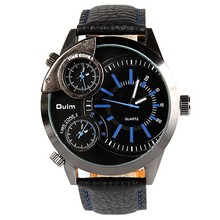 3 zona horaria militar del ejército OULM 3136 reloj para hombre correa de cuero del cuarzo de japón Movt cuarzo se divierte el reloj