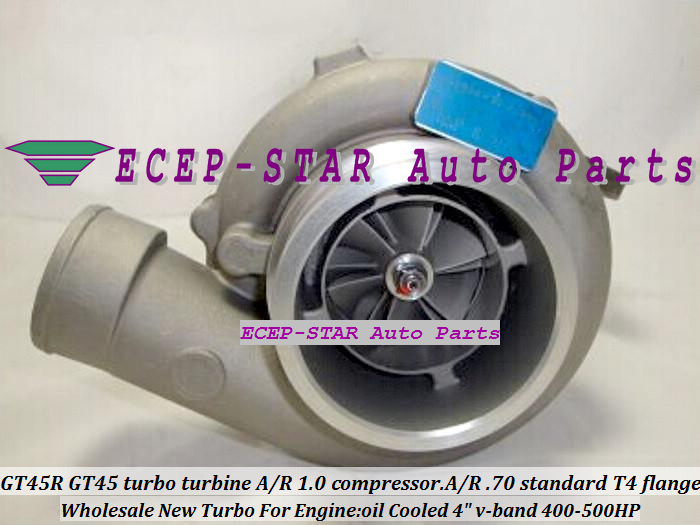 GT45R GT45 Turbo Turbocharger turbine. AR 1.0 compressor. AR .70 standard T4 oil Cooled 4 v-band 400-500HP 