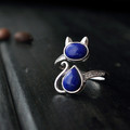 Drop shopping 925 sterling silver jewelry classical style natural lapis lazuli cat adjustable rings for women