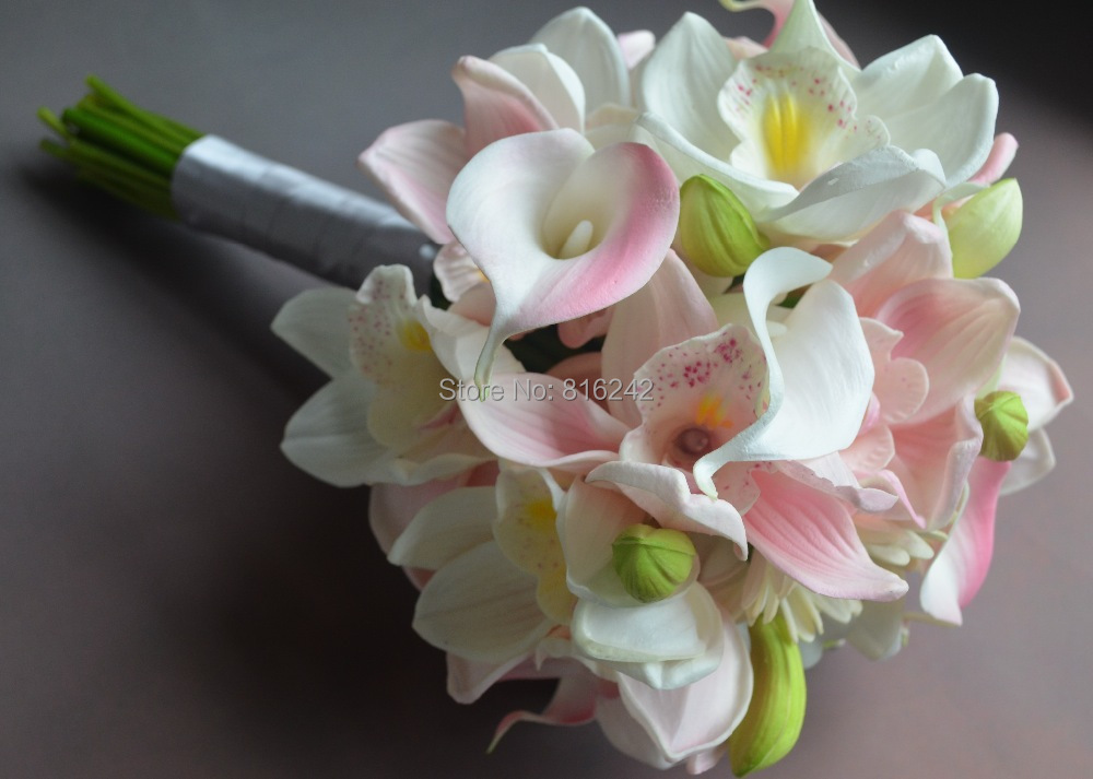 Real Touch Flowers Sweet White Pink Cymbidium Orchids Calla lily Gerbera Daisy Wedding Bridal Bouquet