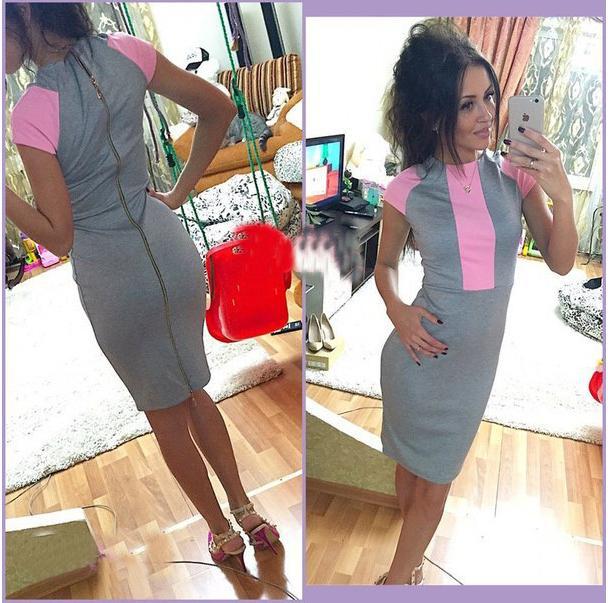 Image of 2015 Sexy Summer Dress Women Pink Gray Color Block Tight Fitted Dresses Ladies Sexy Bandage Zipper Back Dress Vestidos J3271