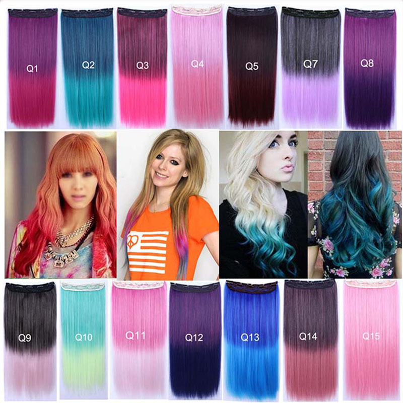 Image of 5Clips Clip In Hair Extension Straight 24" 60cm 110g Rainbow Ombre 14Colors Available Kanekalon Synthetic Hair Hairpieces Slice