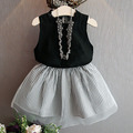 Wholesale 5 pieces lot 2016 summer sleeveless t shirt and mesh striped skirt clothing set for